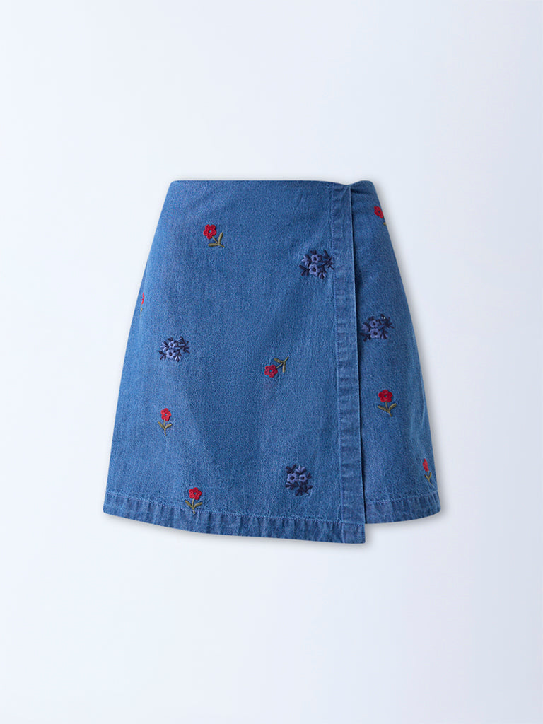 Bombay Paisley Blue Embroidered High-Rise Denim Skorts