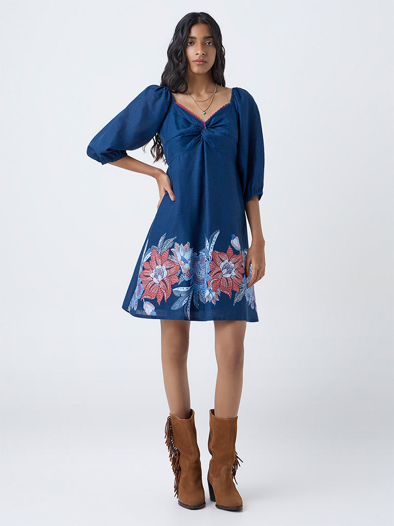 Bombay Paisley Blue Floral Cotton A-Line Dress
