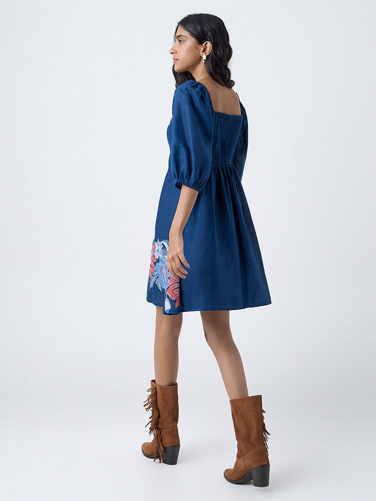 Bombay Paisley Blue Floral Cotton A-Line Dress