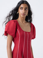 Bombay Paisley Red Striped Cotton-Blend A-Line Dress
