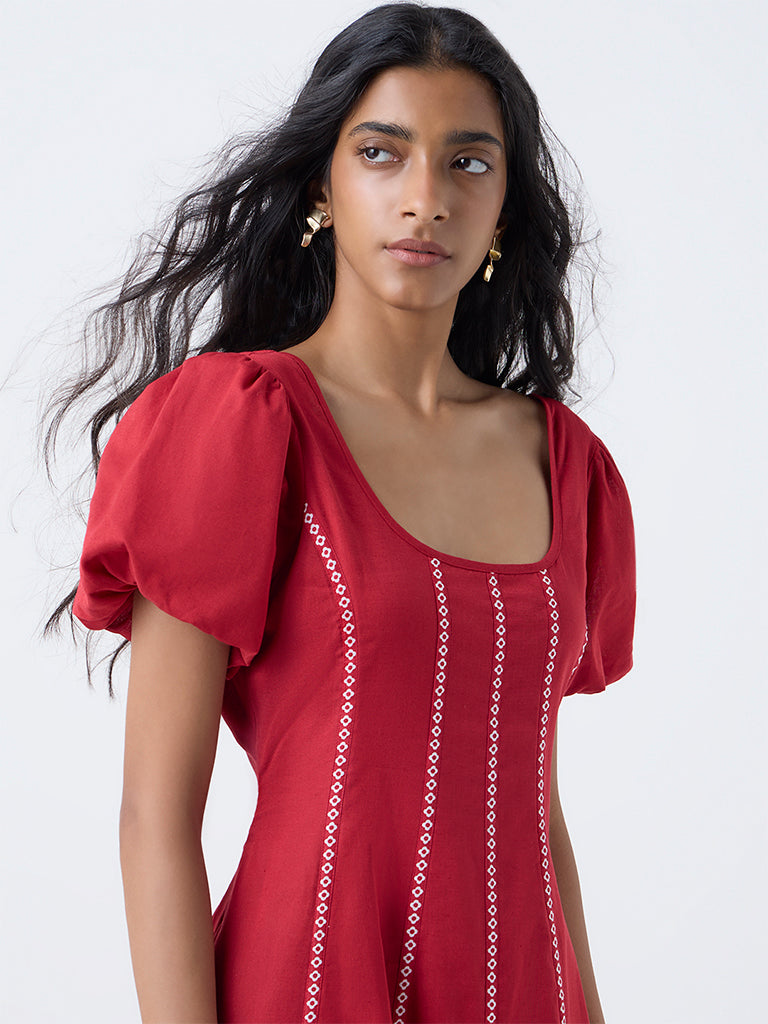 Bombay Paisley Red Striped Cotton-Blend A-Line Dress