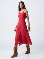 Bombay Paisley Red Embroidered Cotton A-Line Dress
