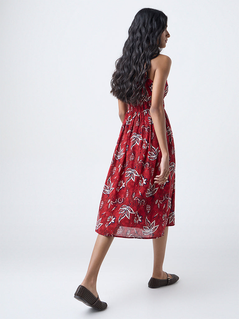 Bombay Paisley Red Floral Design Cotton A-Line Dress