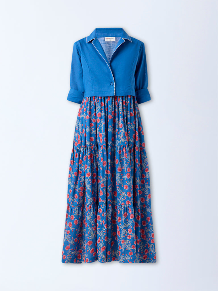 Bombay Paisley Blue Floral Cotton Tiered Dress with Jacket