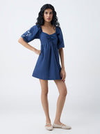 Bombay Paisley Navy Embroidered Cotton A-Line Dress