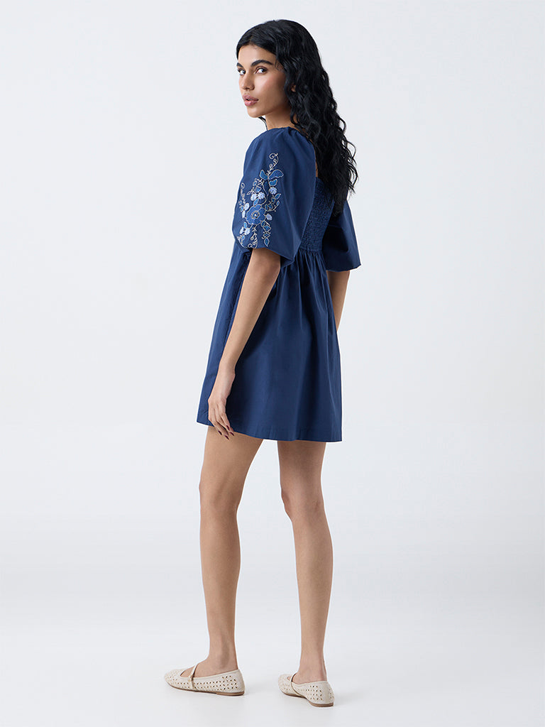 Bombay Paisley Navy Embroidered Cotton A-Line Dress