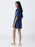 Bombay Paisley Navy Embroidered Cotton A-Line Dress
