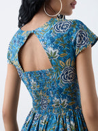 Bombay Paisley Blue Floral Printed Cotton A-Line Dress
