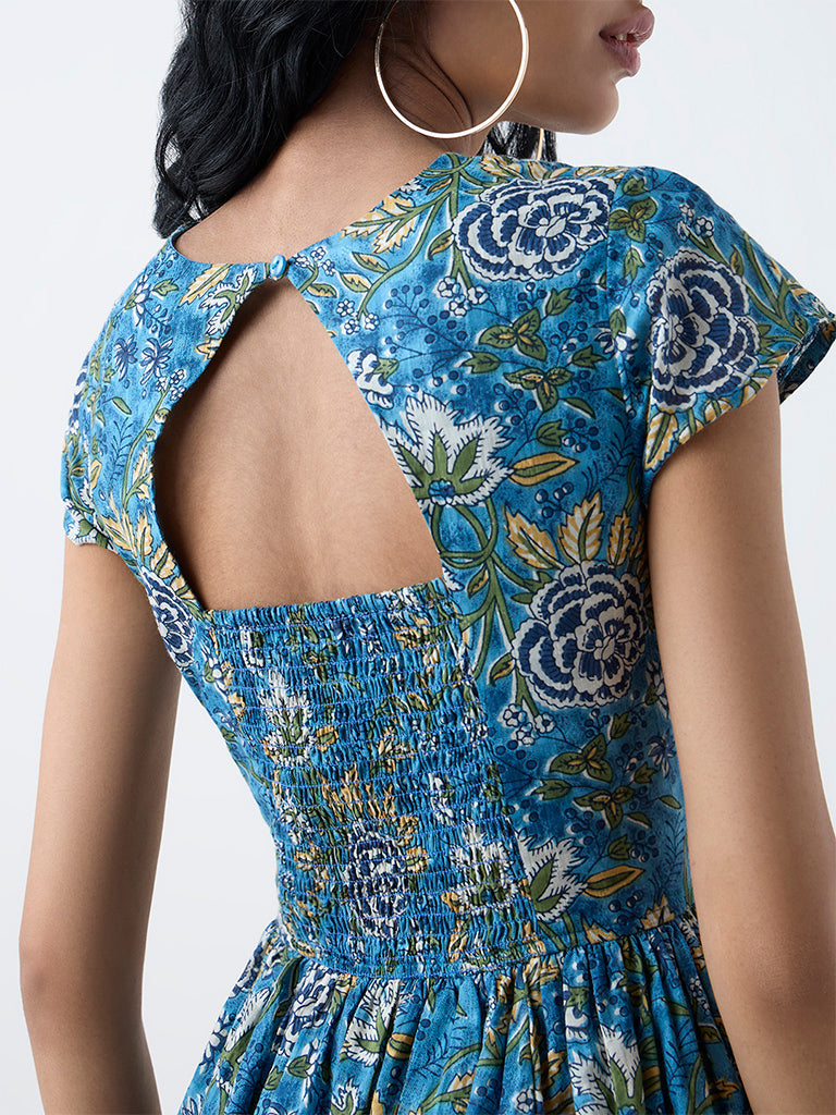 Bombay Paisley Blue Floral Printed Cotton A-Line Dress