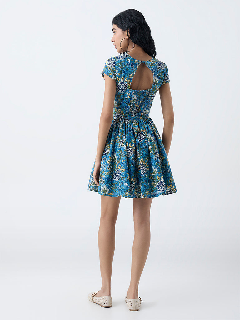 Bombay Paisley Blue Floral Printed Cotton A-Line Dress