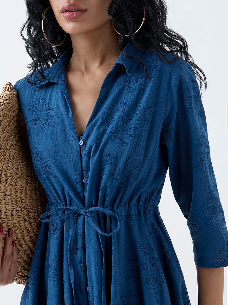 Bombay Paisley Blue Embroidered Cotton Asymmetrical Dress