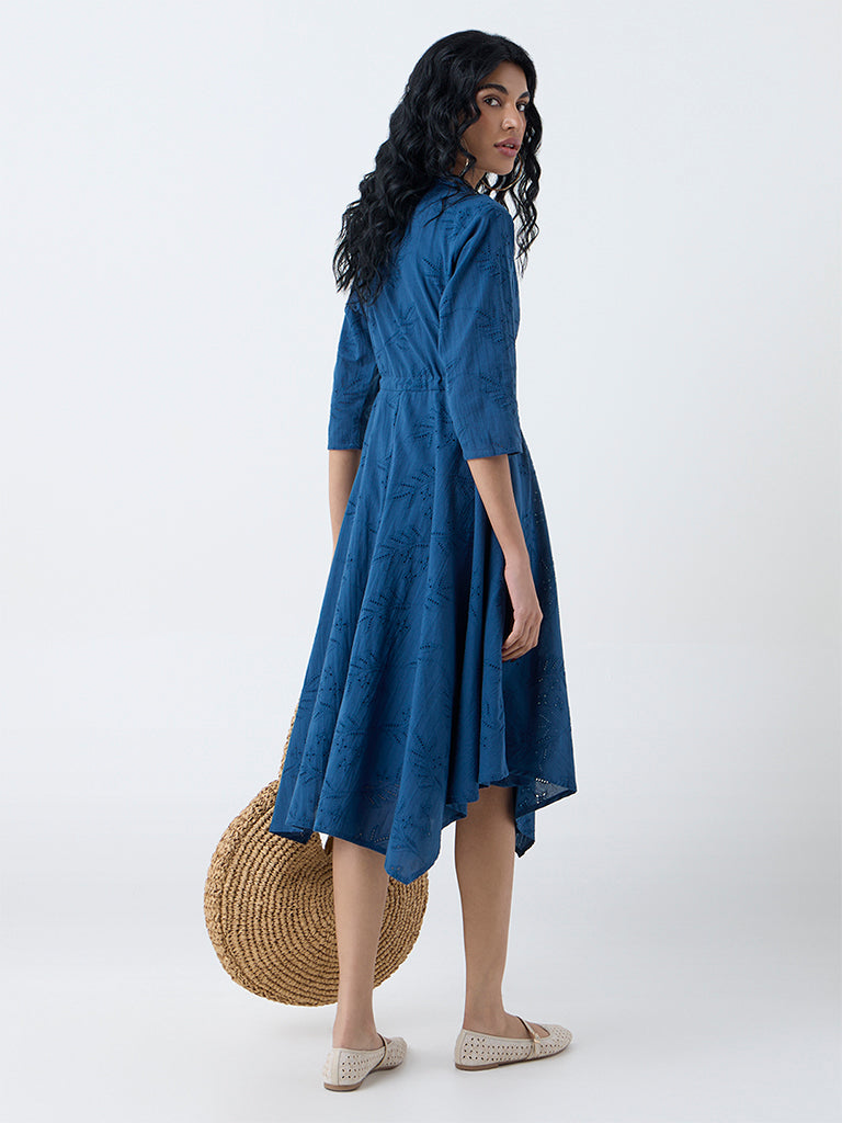Bombay Paisley Blue Embroidered Cotton Asymmetrical Dress