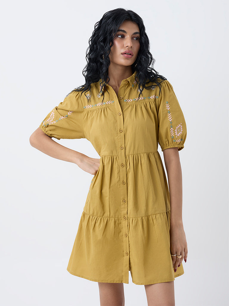 Bombay Paisley Mustard Embroidered Cotton Shirt Dress