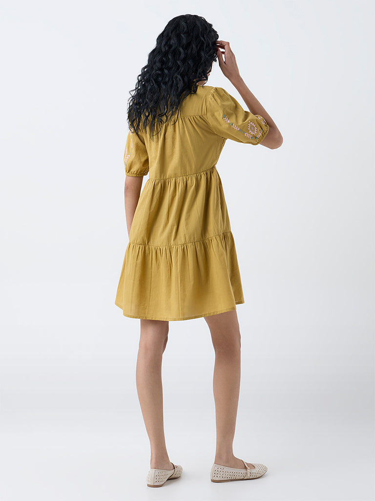 Bombay Paisley Mustard Embroidered Cotton Shirt Dress