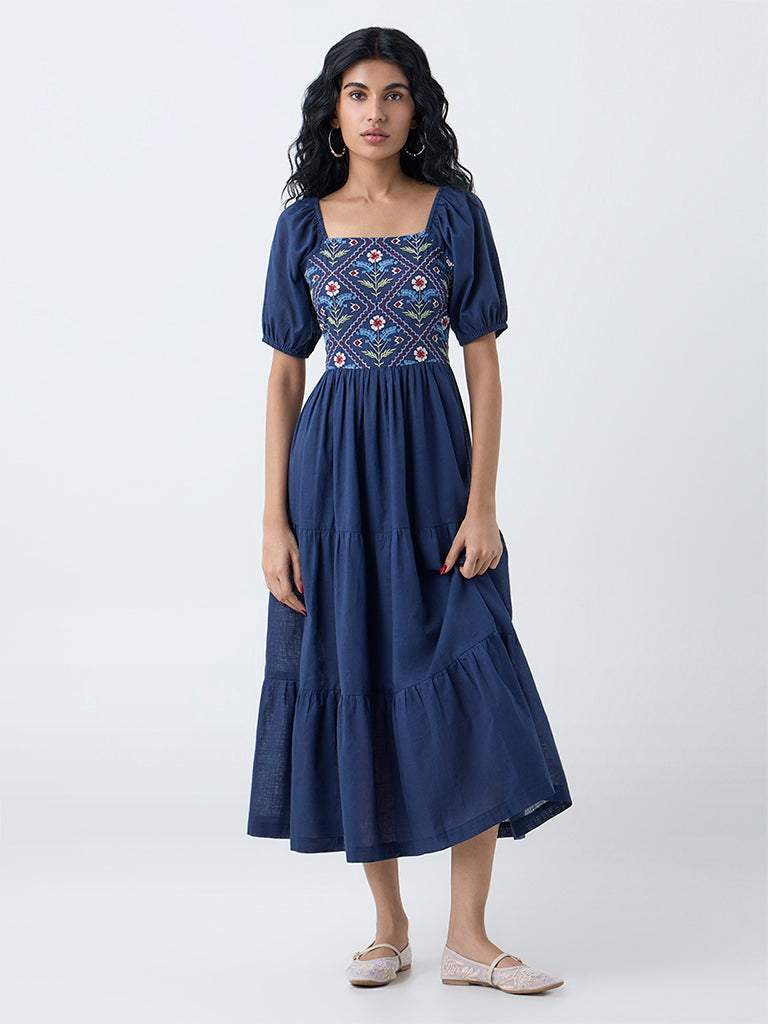 Bombay Paisley Blue Floral Embroidered Cotton Tiered Dress