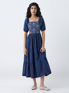 Bombay Paisley Blue Floral Embroidered Cotton Tiered Dress
