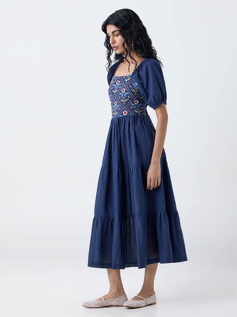 Bombay Paisley Blue Floral Embroidered Cotton Tiered Dress