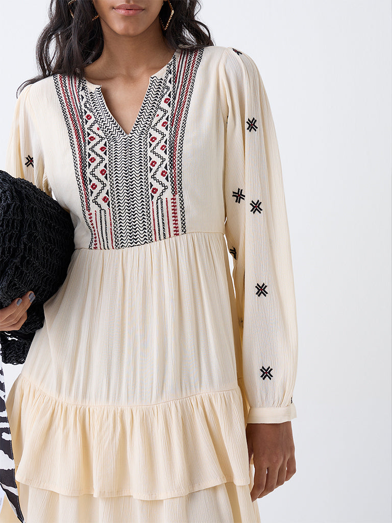 Bombay Paisley Cream Aztec Embroidered Cotton Tiered Dress