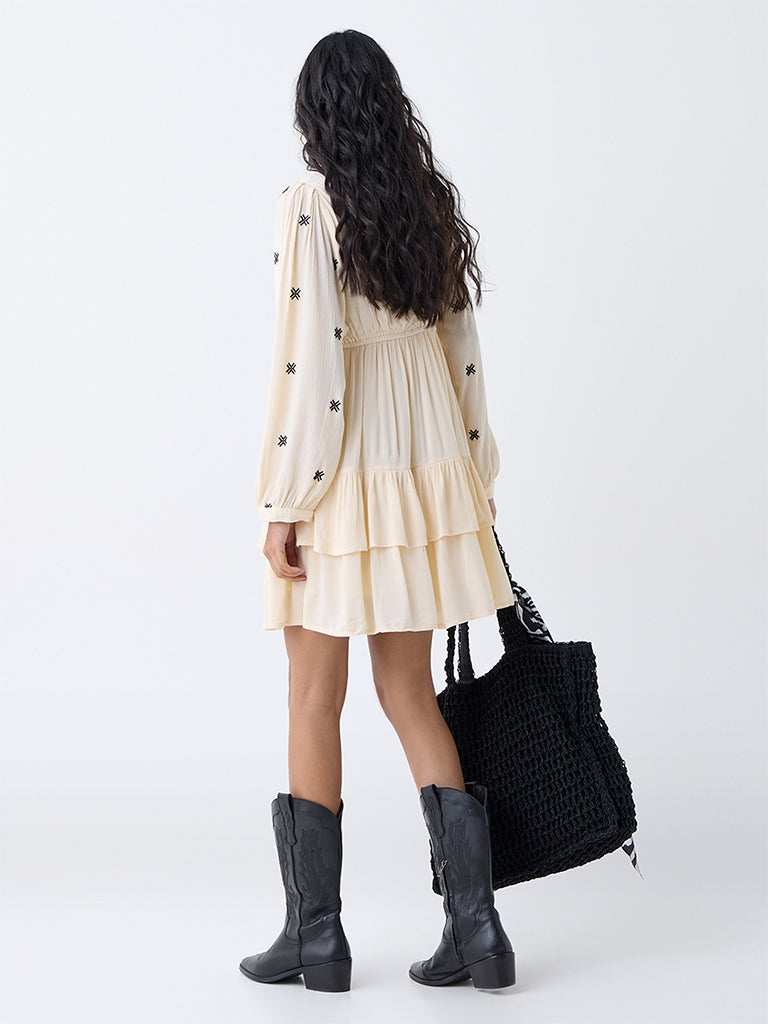 Bombay Paisley Cream Aztec Embroidered Cotton Tiered Dress