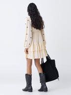 Bombay Paisley Cream Aztec Embroidered Cotton Tiered Dress