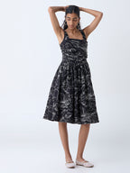 Bombay Paisley Black Floral Embroidered Cotton A-Line Dress