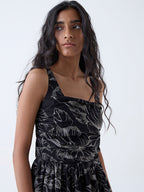 Bombay Paisley Black Floral Embroidered Cotton A-Line Dress