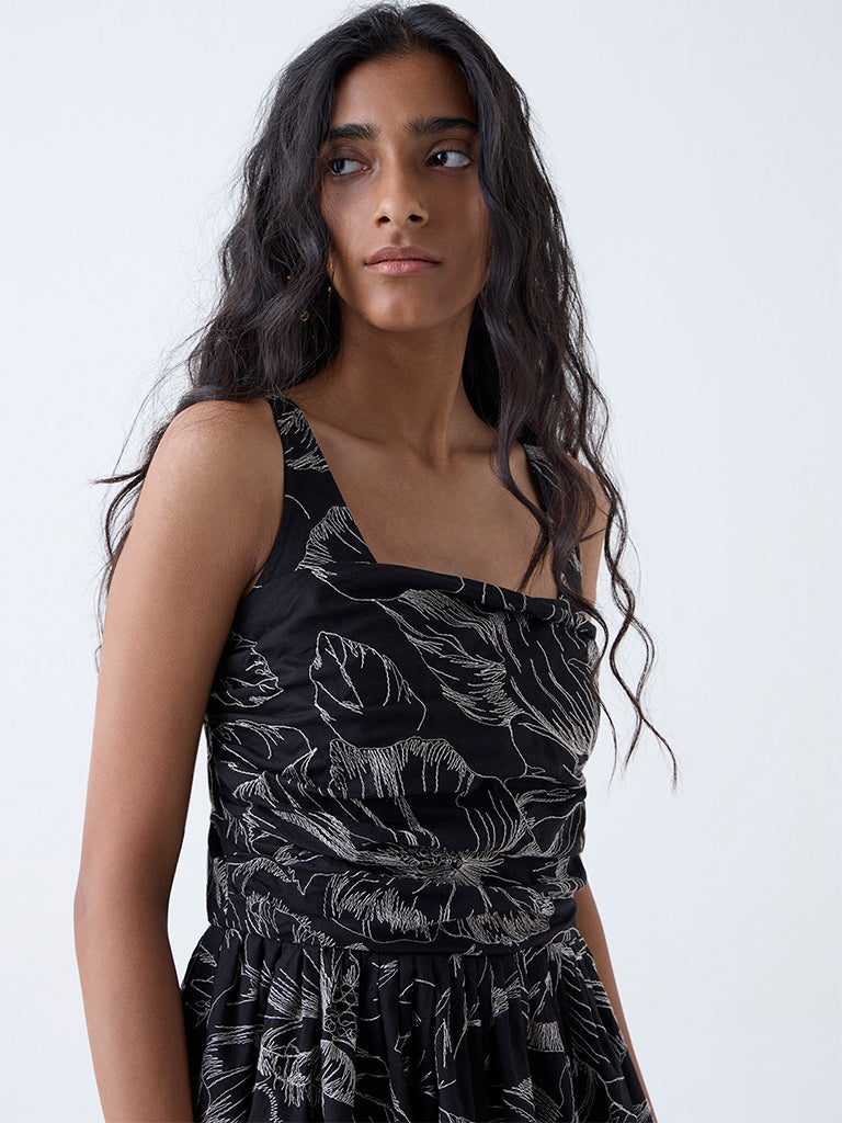 Bombay Paisley Black Floral Embroidered Cotton A-Line Dress