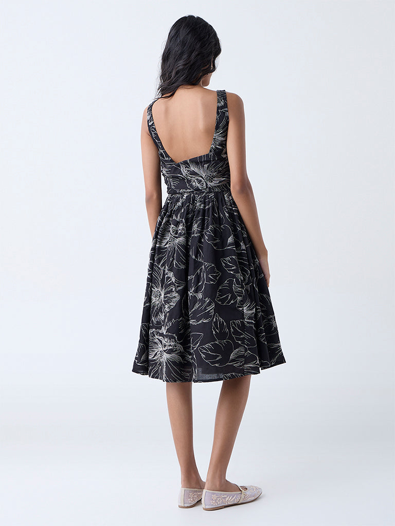 Bombay Paisley Black Floral Embroidered Cotton A-Line Dress