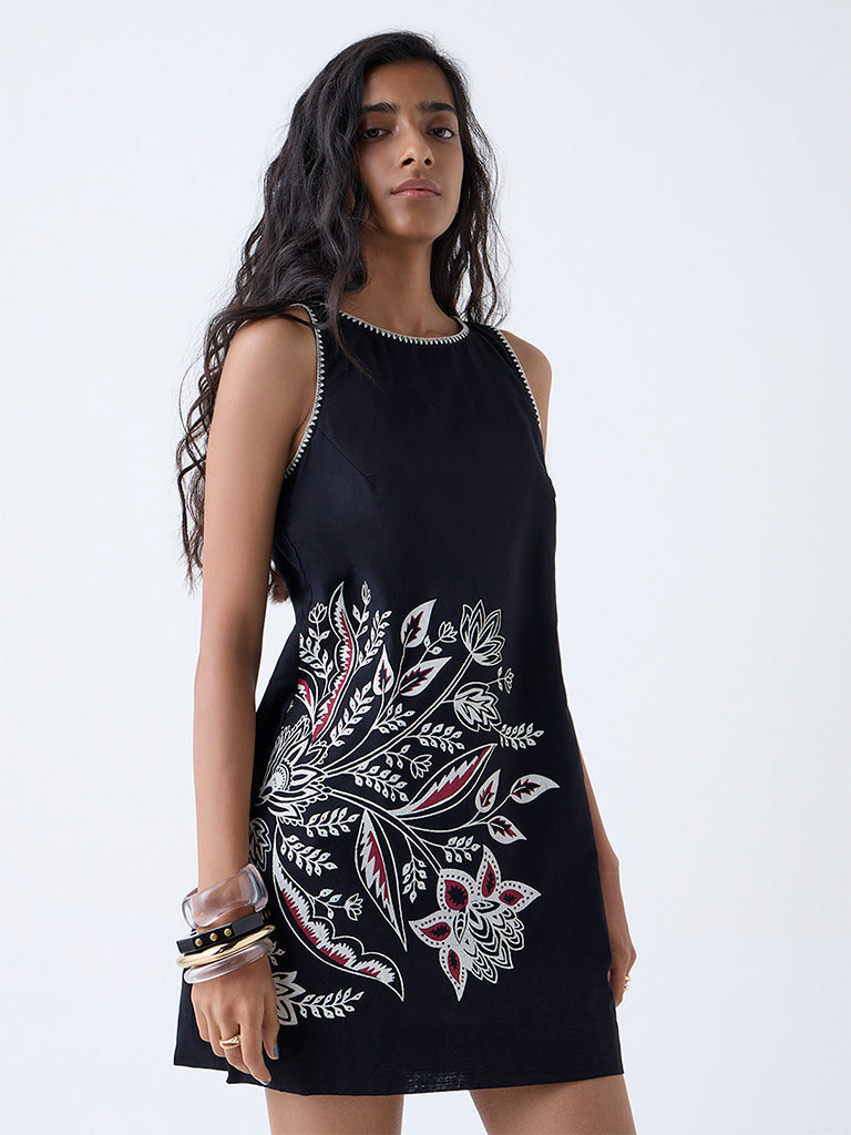 Bombay Paisley Black Floral Design Cotton Shift Dress