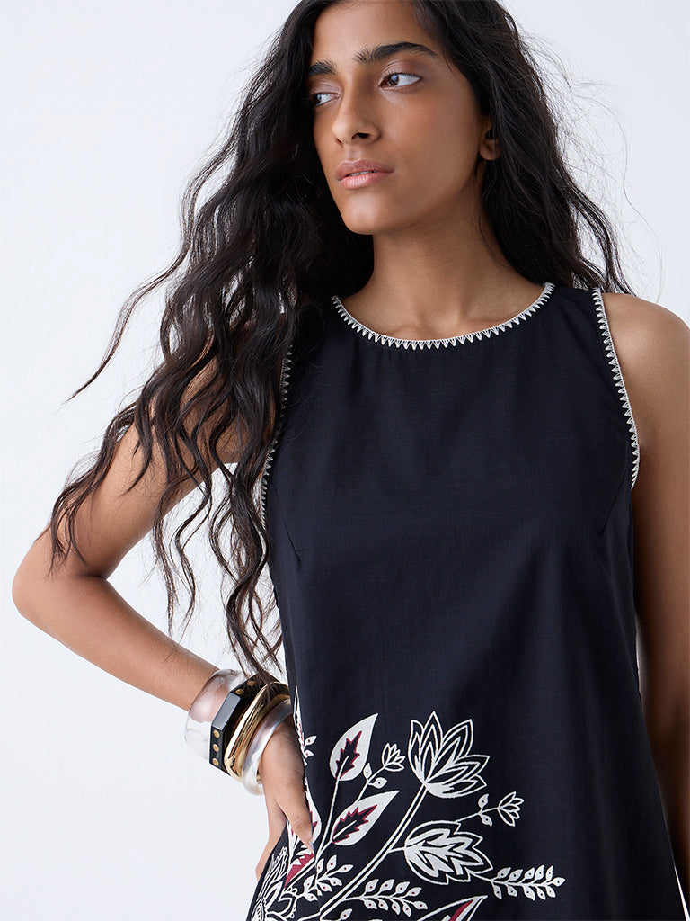Bombay Paisley Black Floral Design Cotton Shift Dress