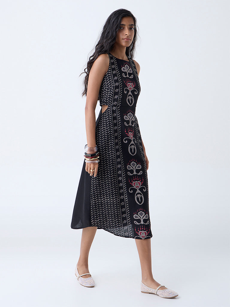 Bombay Paisley Black Printed Cotton-Blend A-Line Dress