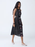 Bombay Paisley Black Printed Cotton-Blend A-Line Dress