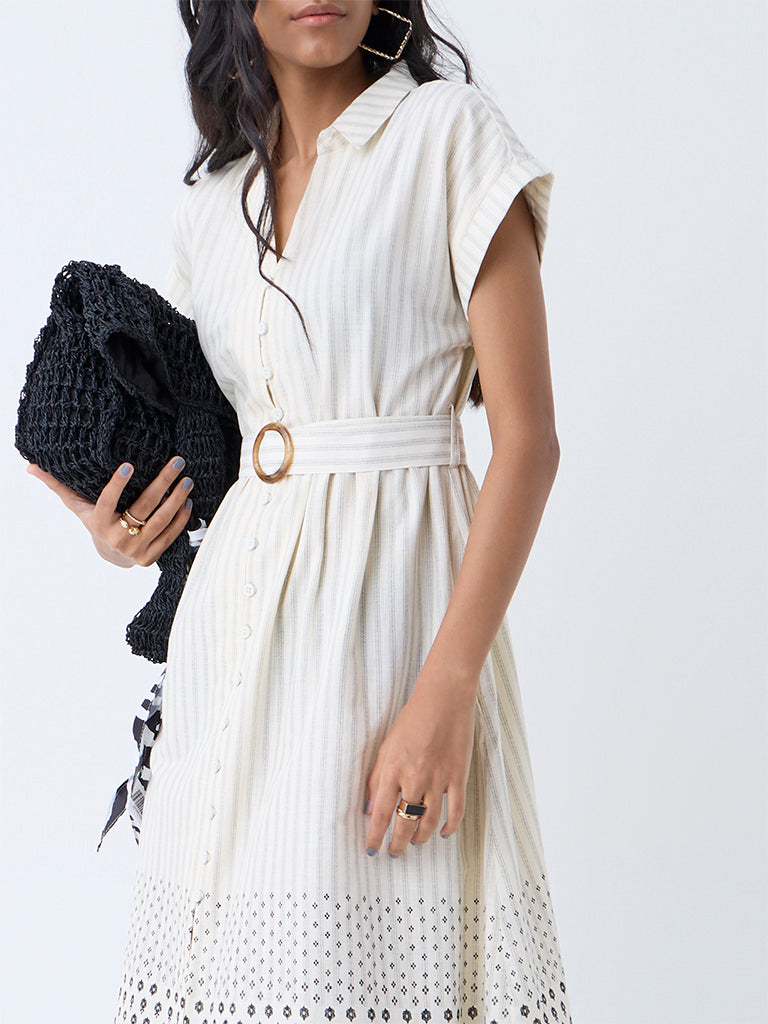 Bombay Paisley Off-White Cotton Shirt Dress with Belt