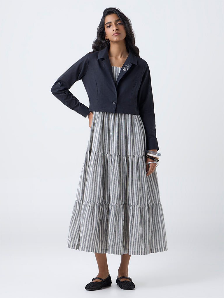 Bombay Paisley Black Cotton Tiered Dress with Jacket
