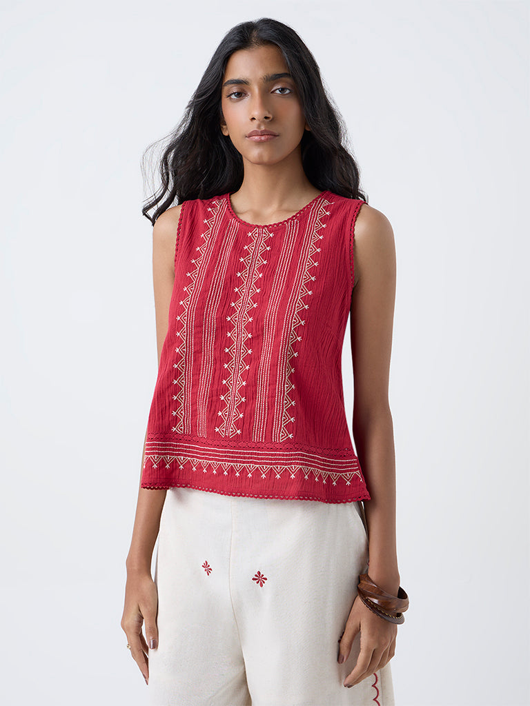 Bombay Paisley Red Embroidered Cotton Top