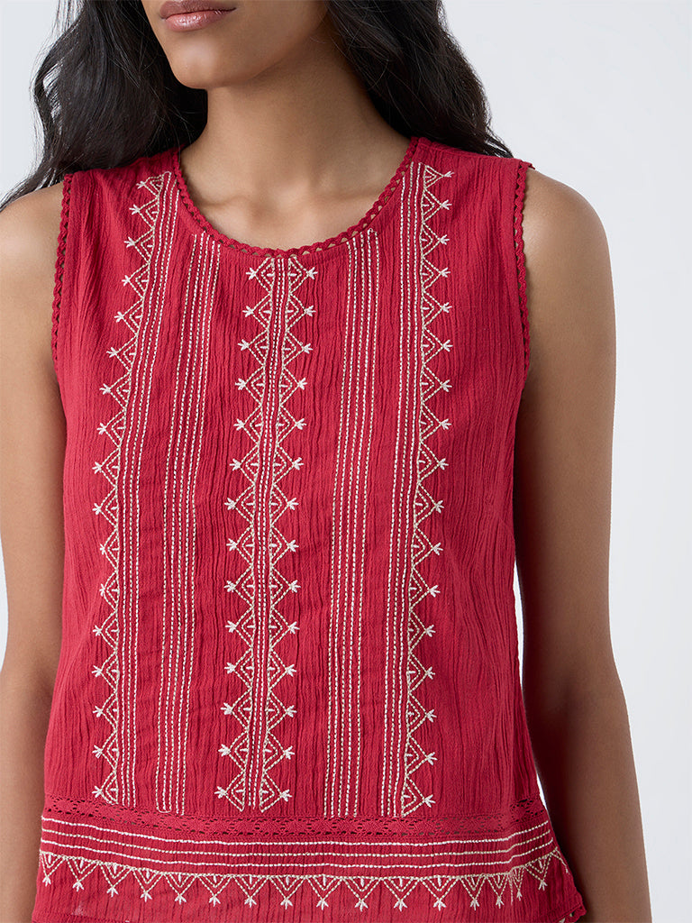 Bombay Paisley Red Embroidered Cotton Top