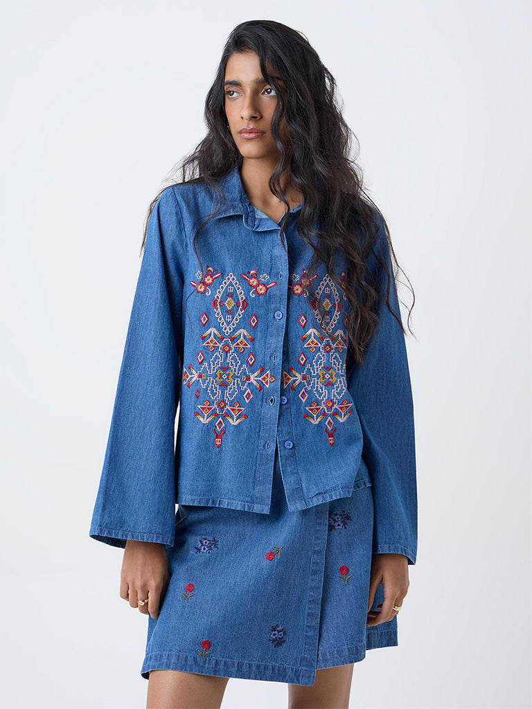 Bombay Paisley Blue Embroidered Denim Shirt