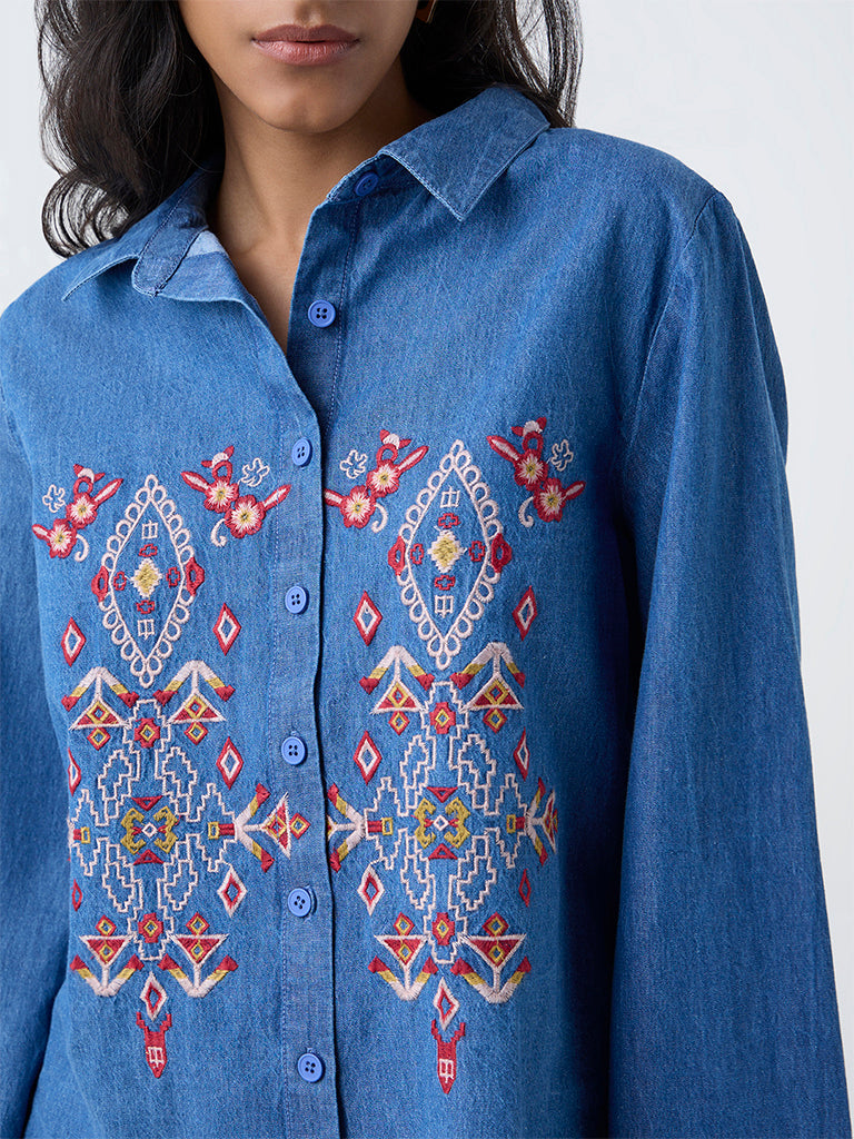 Bombay Paisley Blue Embroidered Denim Shirt