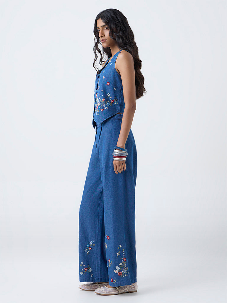 Bombay Paisley Blue Floral Embroidered Denim Waistcoat