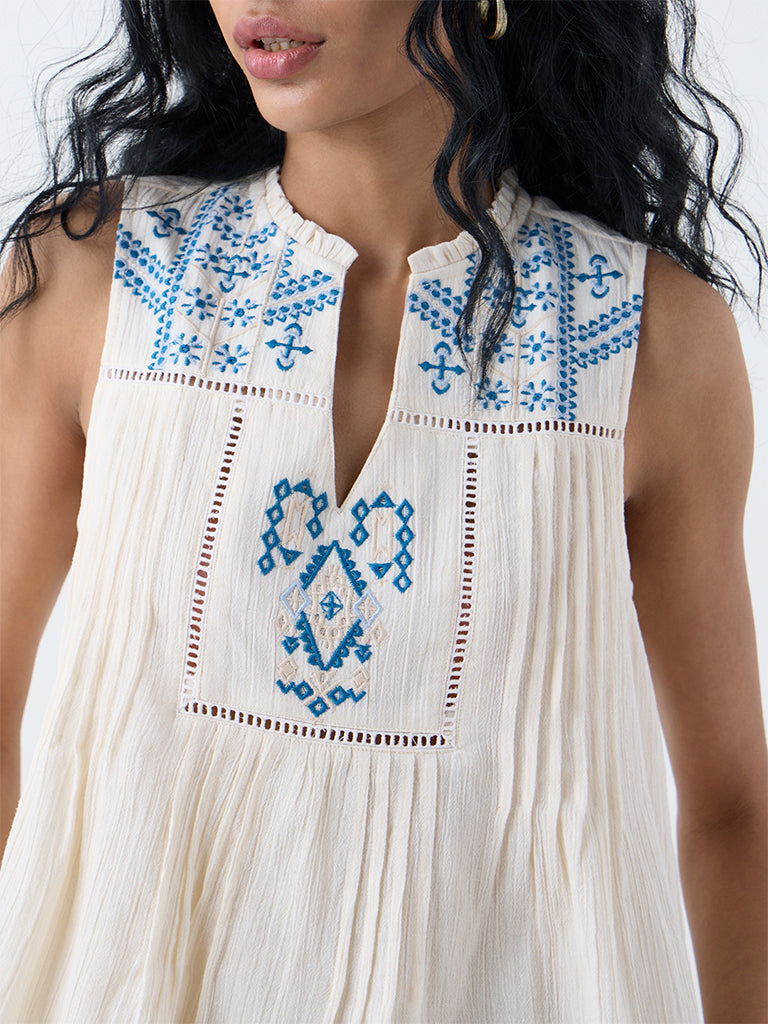 Bombay Paisley Off-White Embroidered Cotton Top