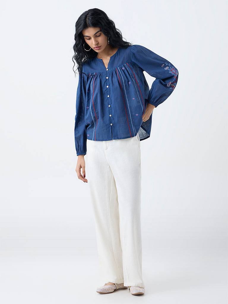 Bombay Paisley Blue Embroidered Cotton Top