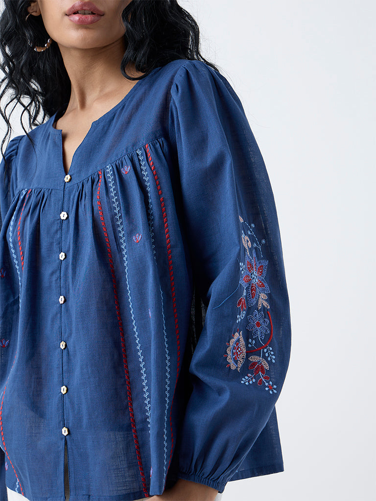 Bombay Paisley Blue Embroidered Cotton Top
