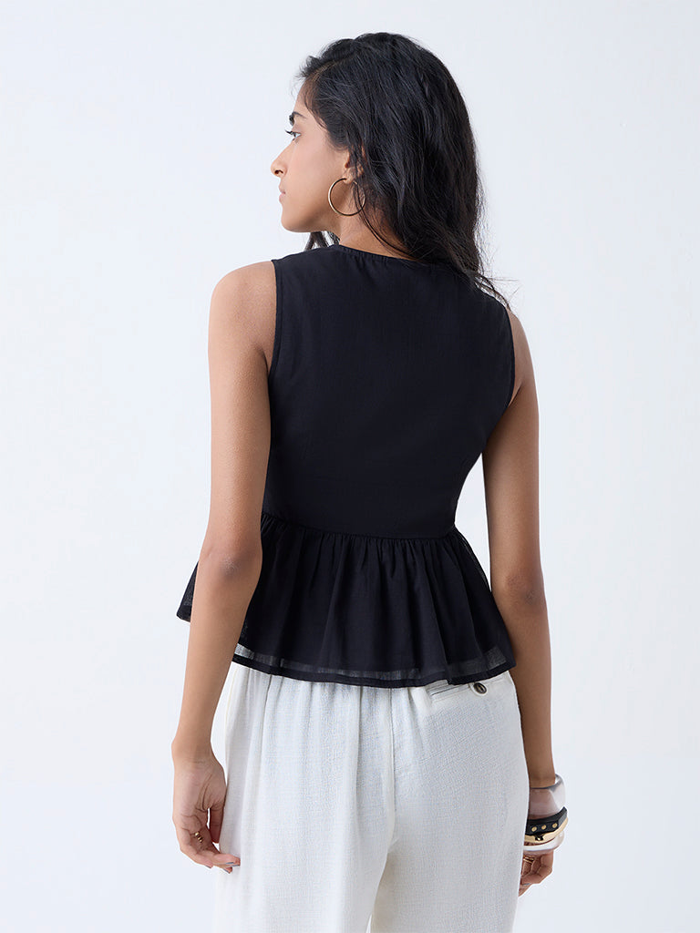 Bombay Paisley Black Embroidered Cotton Peplum Top