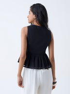 Bombay Paisley Black Embroidered Cotton Peplum Top