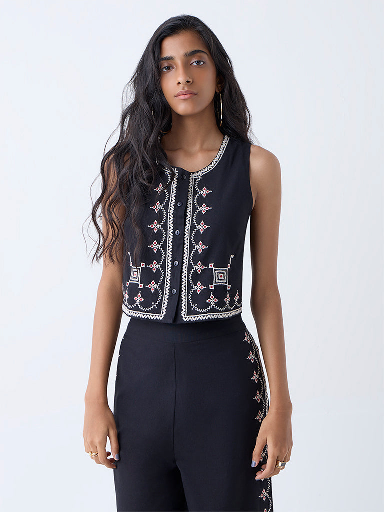 Bombay Paisley Black Embroidered Cotton Top