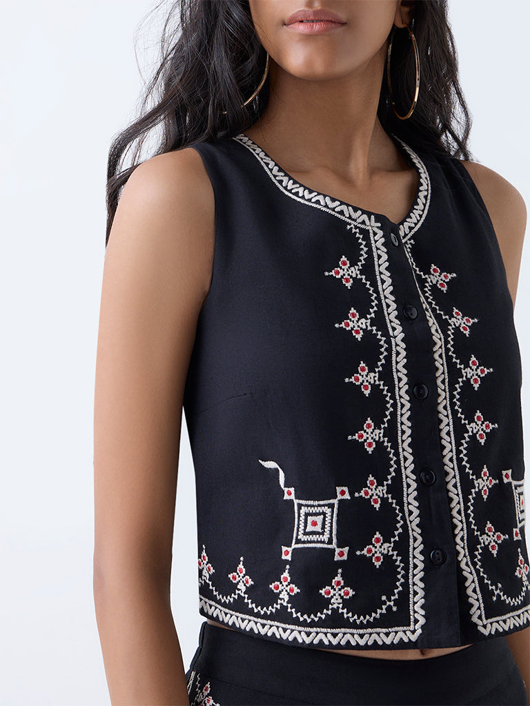 Bombay Paisley Black Embroidered Cotton Top