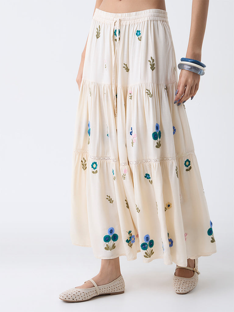 Bombay Paisley Off-White Floral Embroidered Tiered Skirt