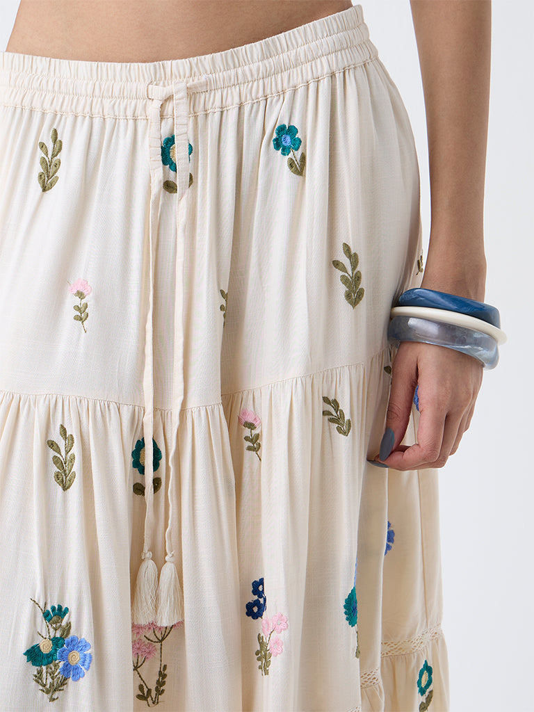 Bombay Paisley Off-White Floral Embroidered Tiered Skirt