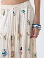 Bombay Paisley Off-White Floral Embroidered Tiered Skirt