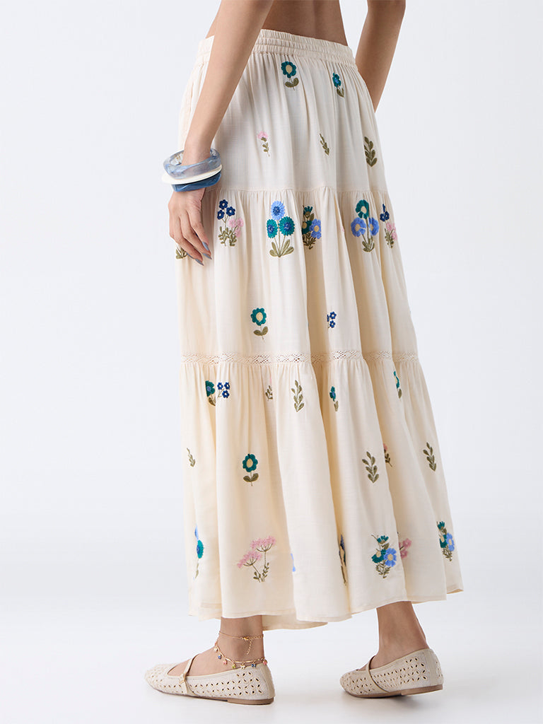 Bombay Paisley Off-White Floral Embroidered Tiered Skirt